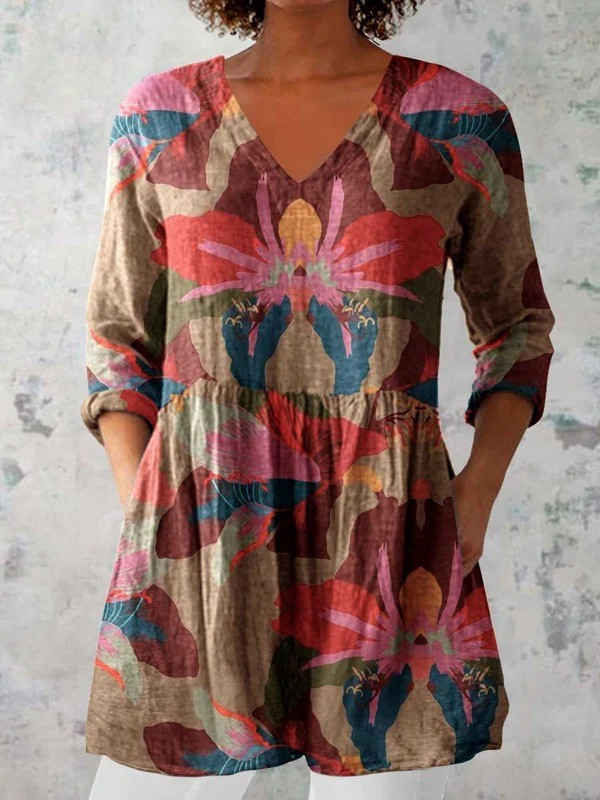 Blusa Juana Larga Multicolor con Cuello en V