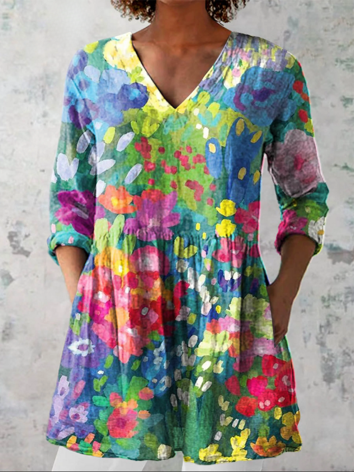 Blusa Eugenia Larga Multicolor con Cuello en V